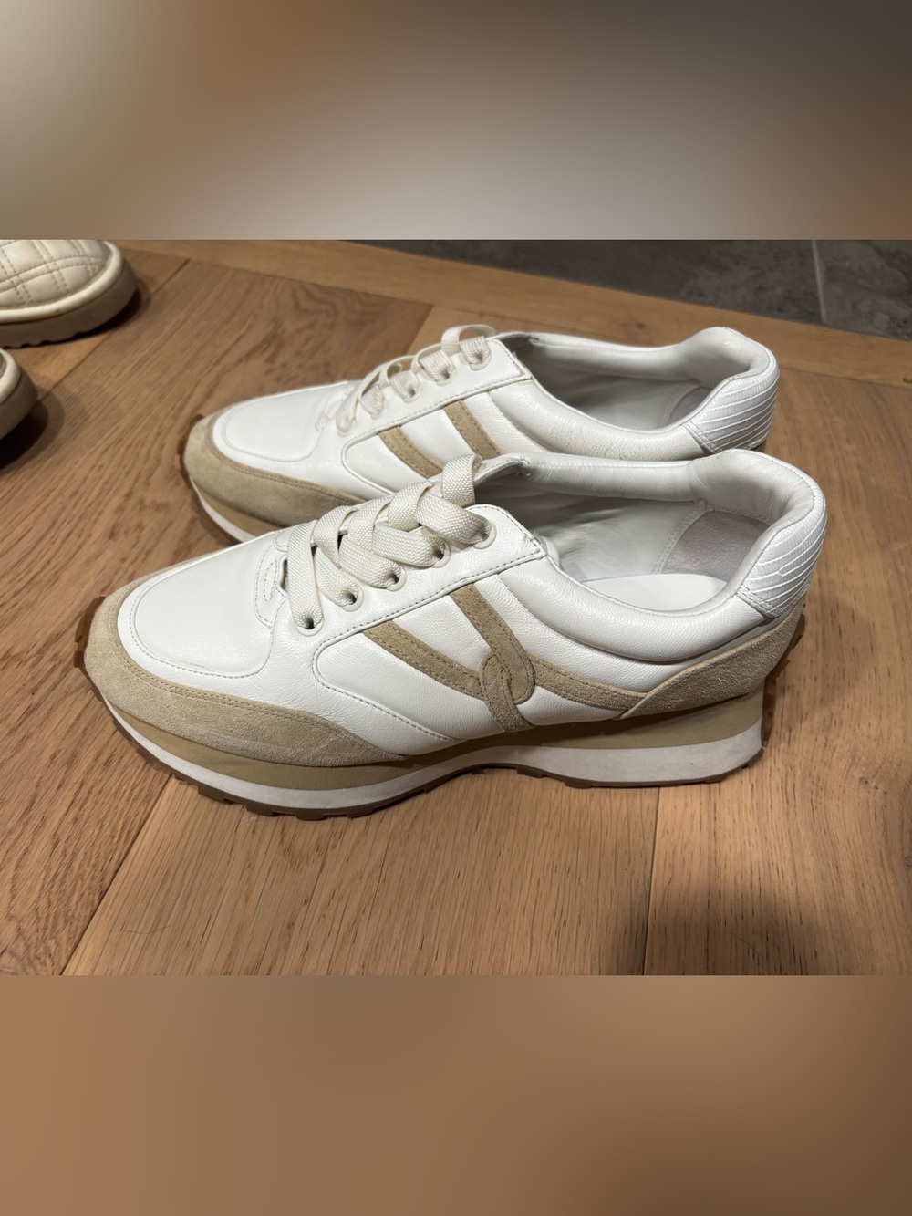 Veronica beard White and Beige Women's Leather Suede Sneakers